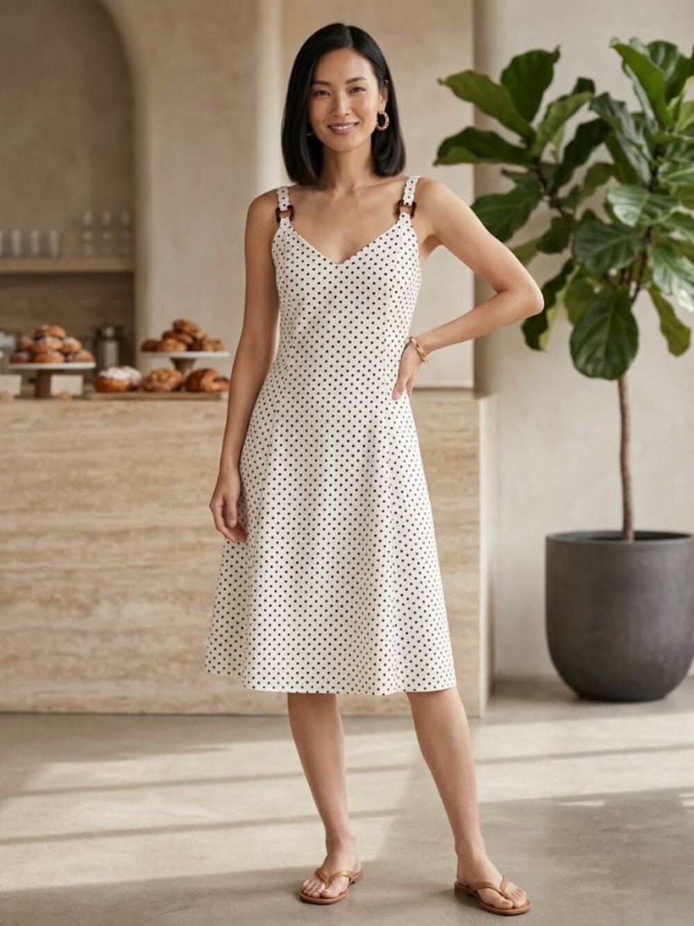 Active USA White Black Polka Dot A-Line Midi Sundress L